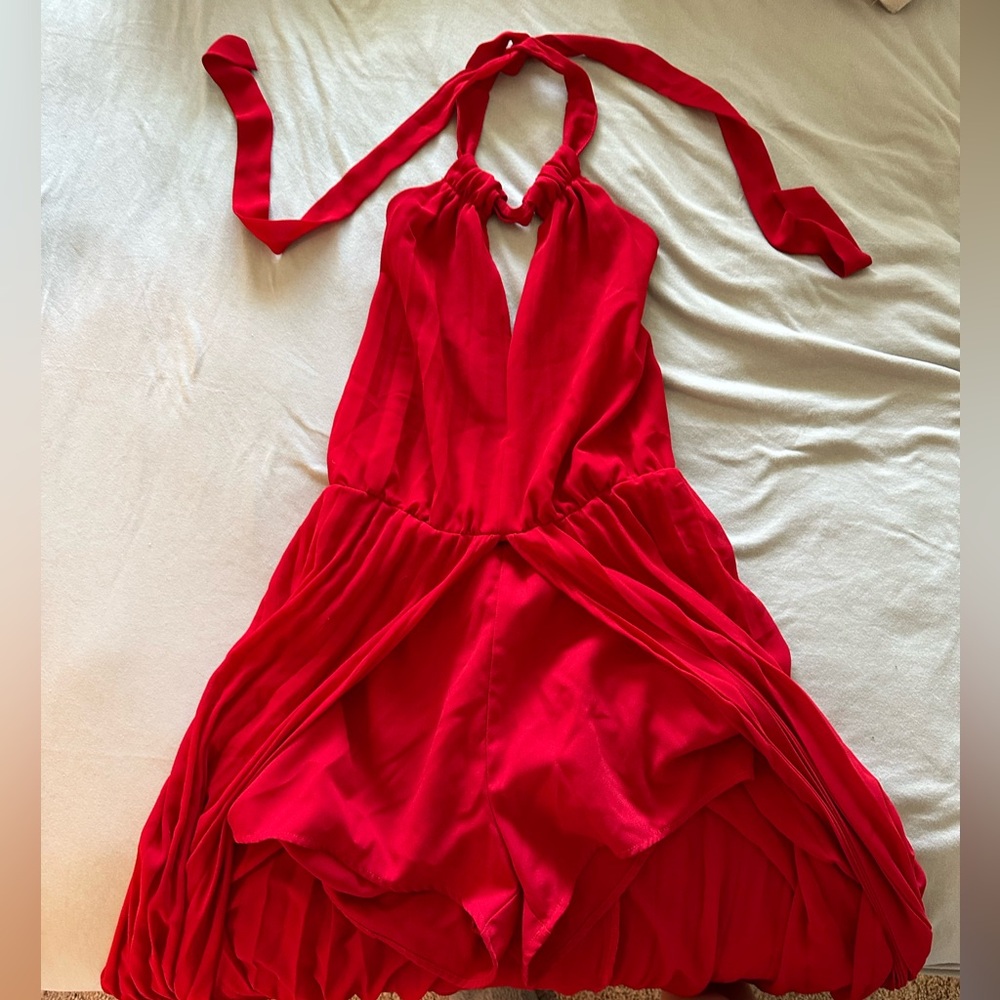 Flowy red romper halter top dress ! With an open back and high slit !